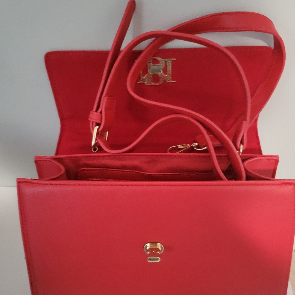 Badgley Mischka Red Top-Handle Crossbody with Gold Chain - Picture 9 of 10